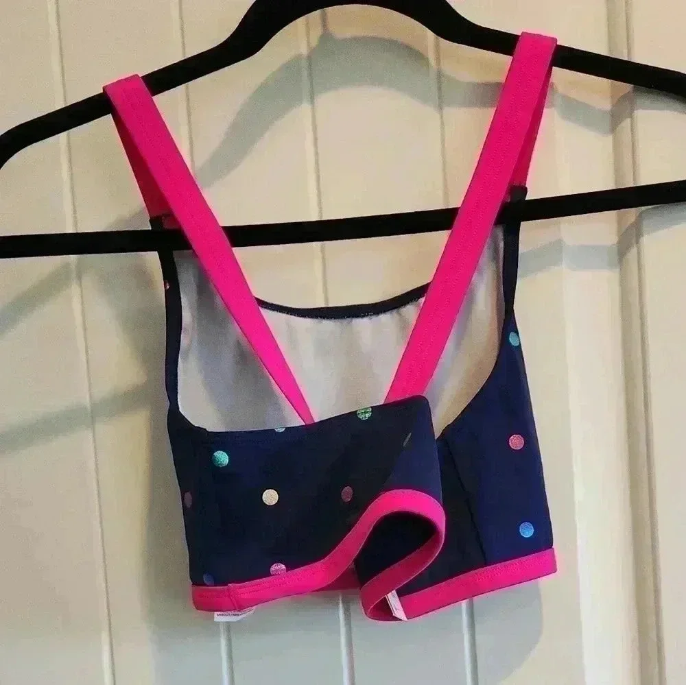 Cross back bikini top in rainbow foil confetti.  NWT size 13/14 youth